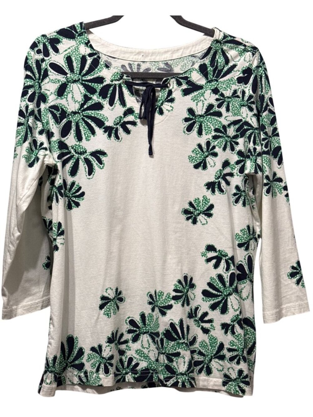 Pendleton XL Womens Floral Lace-Up Neckline Cotton Top Navy/Green Flowers